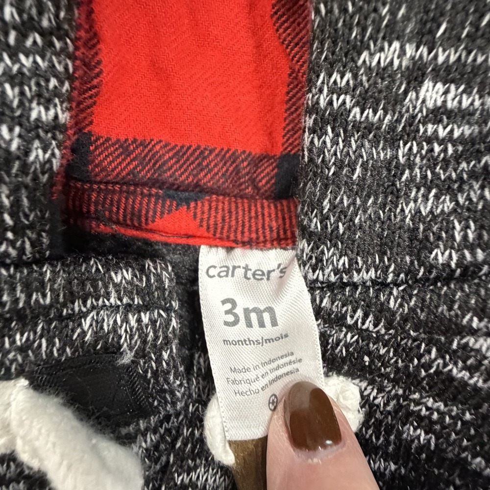 CARTER'S Baby Boy Hooded Sweater Jacket 3M Gray Black Red Plaid Toggle Buttons - Picture 4 of 9